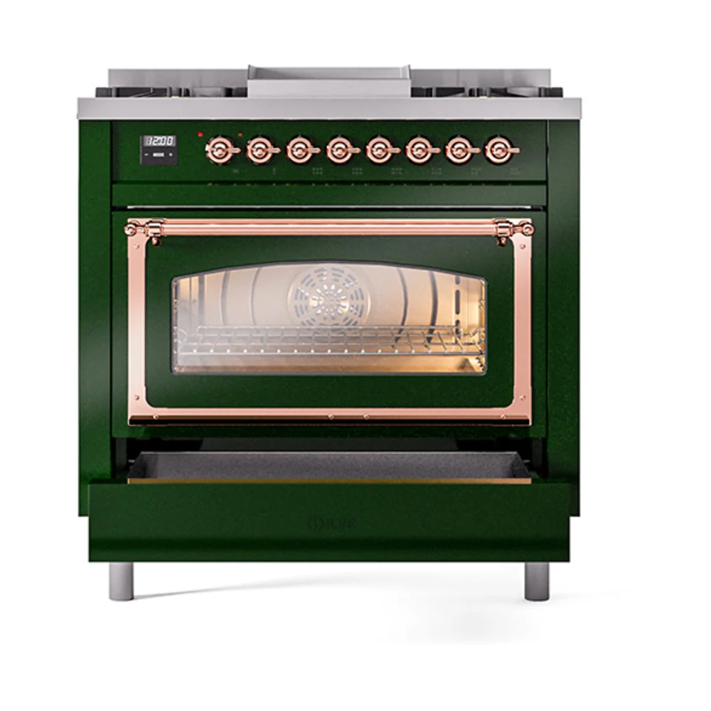 ILVE Nostalgie II Noblesse 36-Inch Natural Gas Dual Fuel Range and Triple Glass Door in Emerald Green with Copper Trim (UN36FNMPEGP) - Image 6