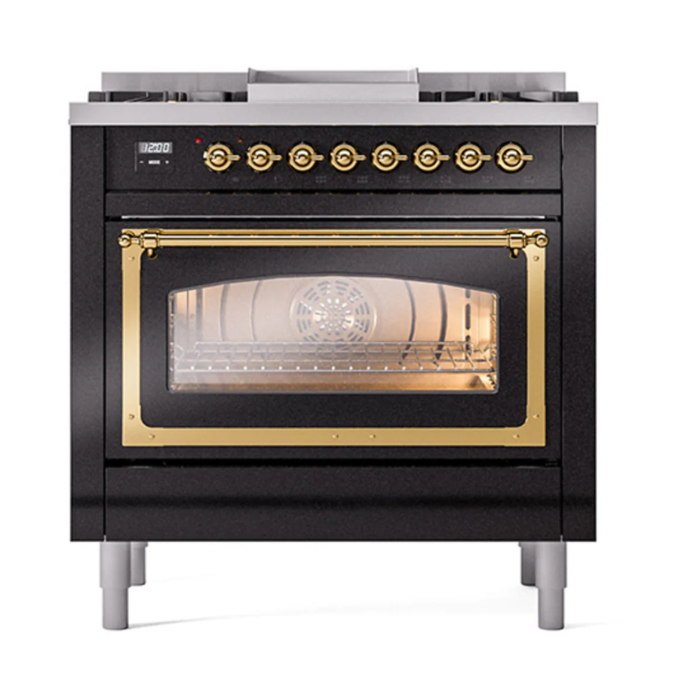 ILVE Nostalgie II Noblesse 36-Inch Natural Gas Dual Fuel Range and Triple Glass Door in Glossy Black with Brass Trim (UN36FNMPBKG) - Image 2