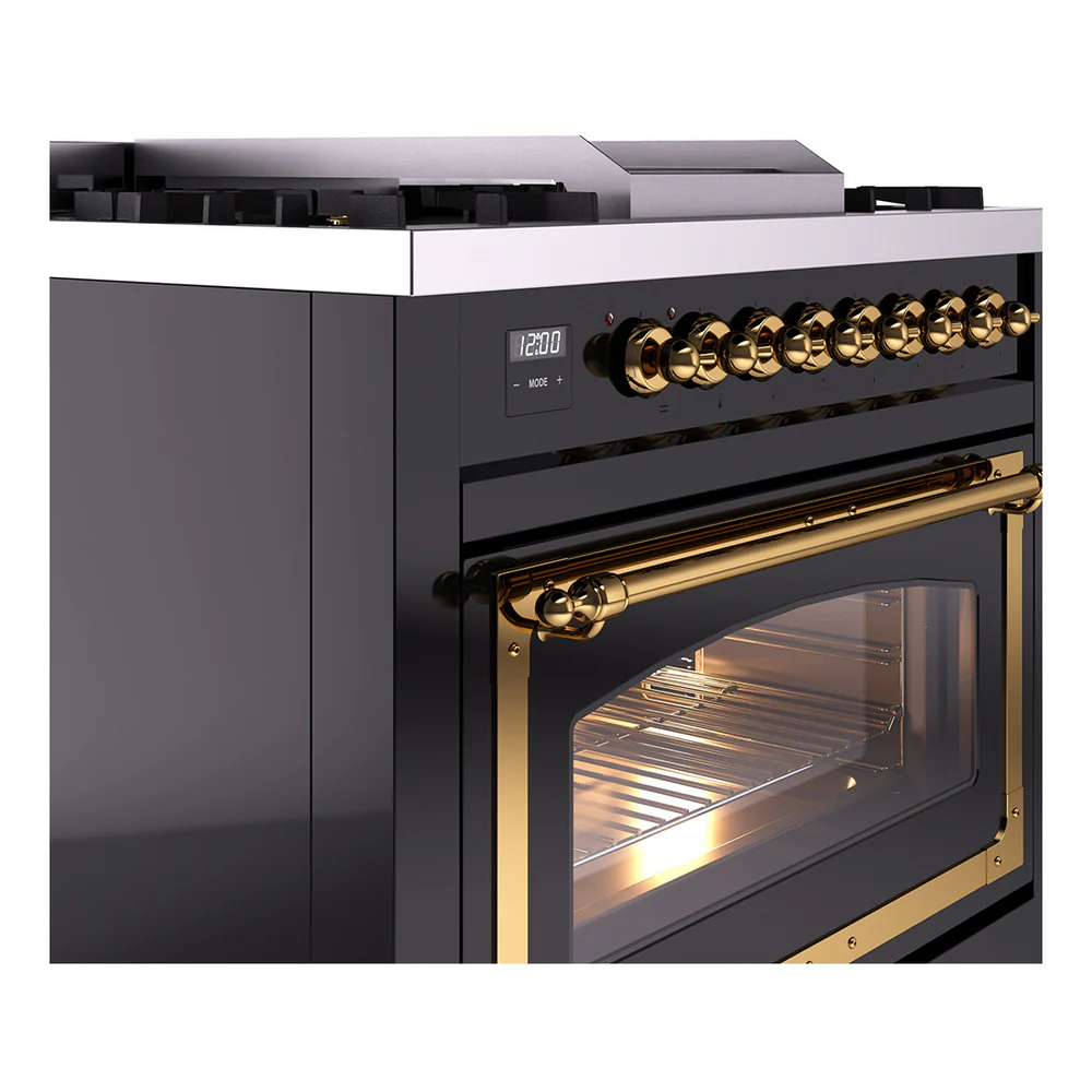 ILVE Nostalgie II Noblesse 36-Inch Natural Gas Dual Fuel Range and Triple Glass Door in Glossy Black with Brass Trim (UN36FNMPBKG) - Image 3