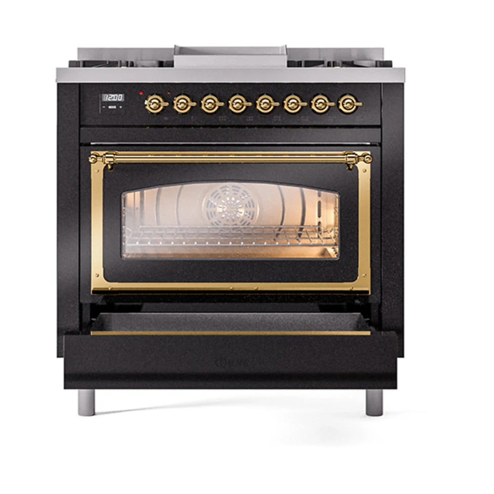 ILVE Nostalgie II Noblesse 36-Inch Natural Gas Dual Fuel Range and Triple Glass Door in Glossy Black with Brass Trim (UN36FNMPBKG) - Image 6