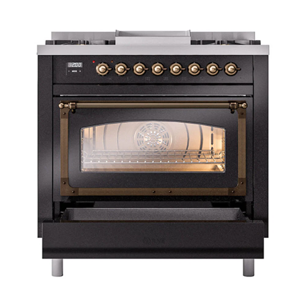 ILVE Nostalgie II Noblesse 36-Inch Natural Gas Dual Fuel Range and Triple Glass Door in Glossy Black with Bronze Trim (UN36FNMPBKB) - Image 2