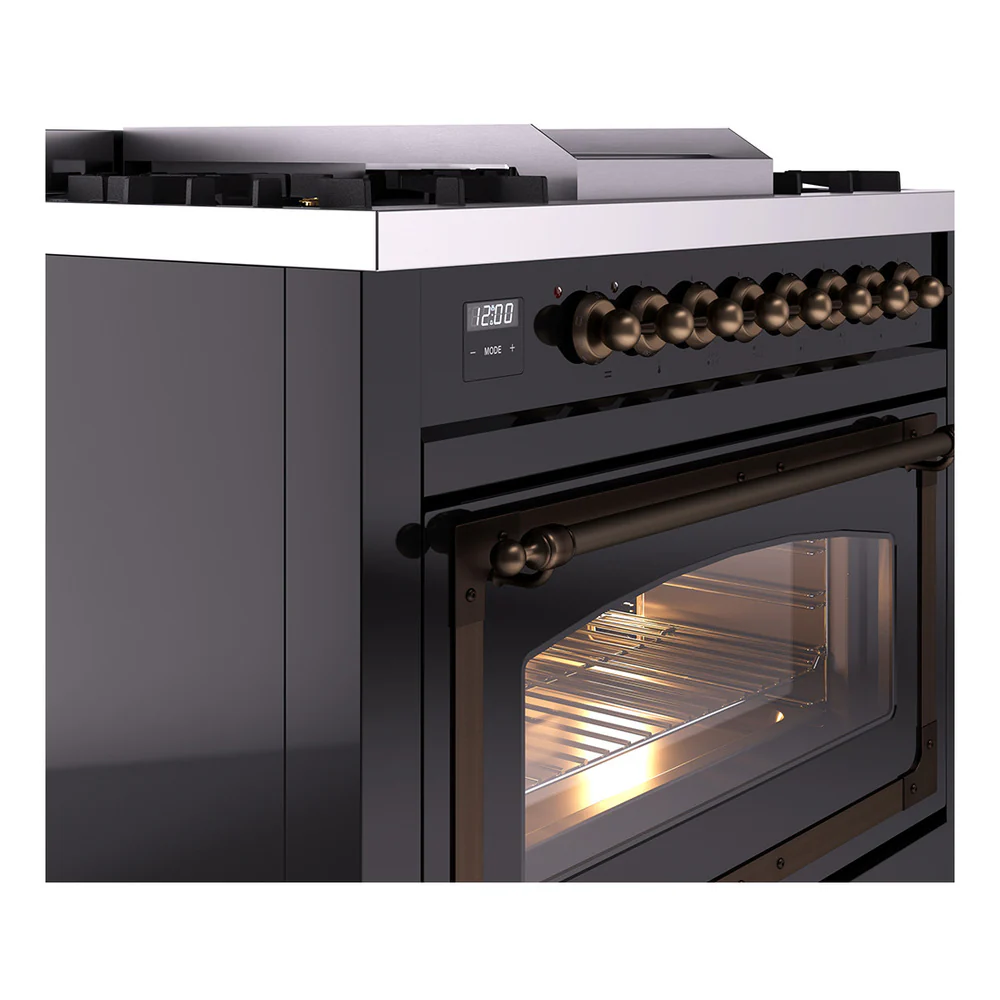 ILVE Nostalgie II Noblesse 36-Inch Natural Gas Dual Fuel Range and Triple Glass Door in Glossy Black with Bronze Trim (UN36FNMPBKB) - Image 3