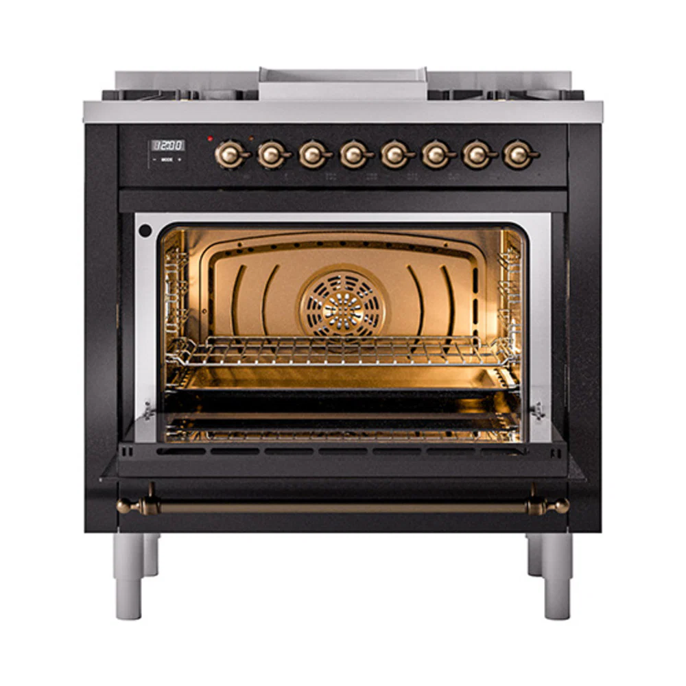 ILVE Nostalgie II Noblesse 36-Inch Natural Gas Dual Fuel Range and Triple Glass Door in Glossy Black with Bronze Trim (UN36FNMPBKB) - Image 5