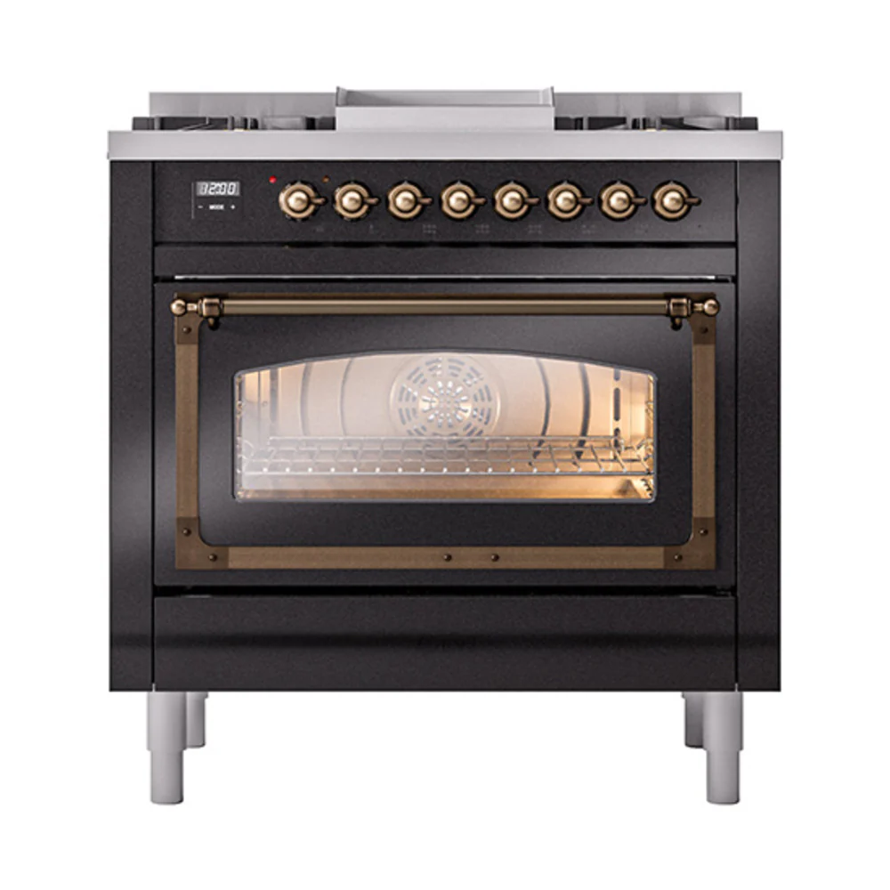 ILVE Nostalgie II Noblesse 36-Inch Natural Gas Dual Fuel Range and Triple Glass Door in Glossy Black with Bronze Trim (UN36FNMPBKB) - Image 6