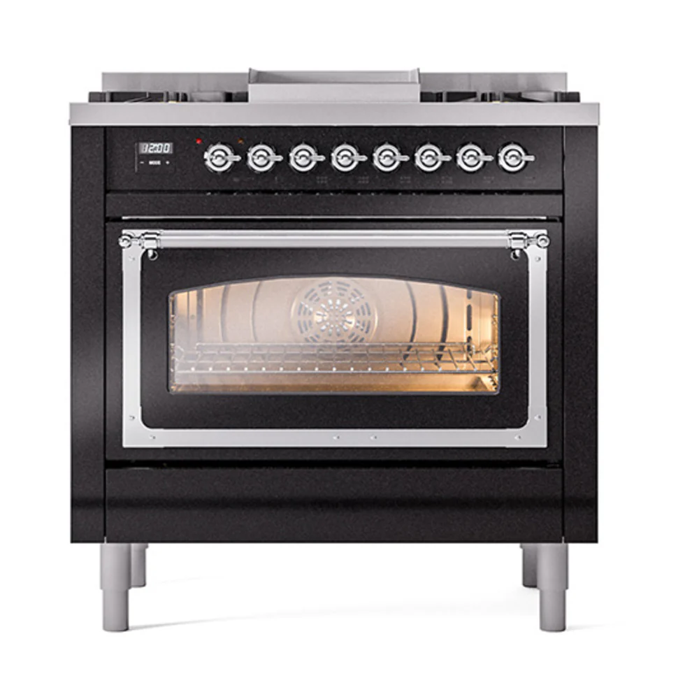 ILVE Nostalgie II Noblesse 36-Inch Natural Gas Dual Fuel Range and Triple Glass Door in Glossy Black with Chrome Trim (UN36FNMPBKC) - Image 2