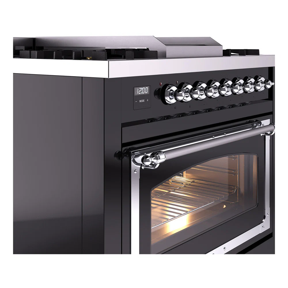 ILVE Nostalgie II Noblesse 36-Inch Natural Gas Dual Fuel Range and Triple Glass Door in Glossy Black with Chrome Trim (UN36FNMPBKC) - Image 3