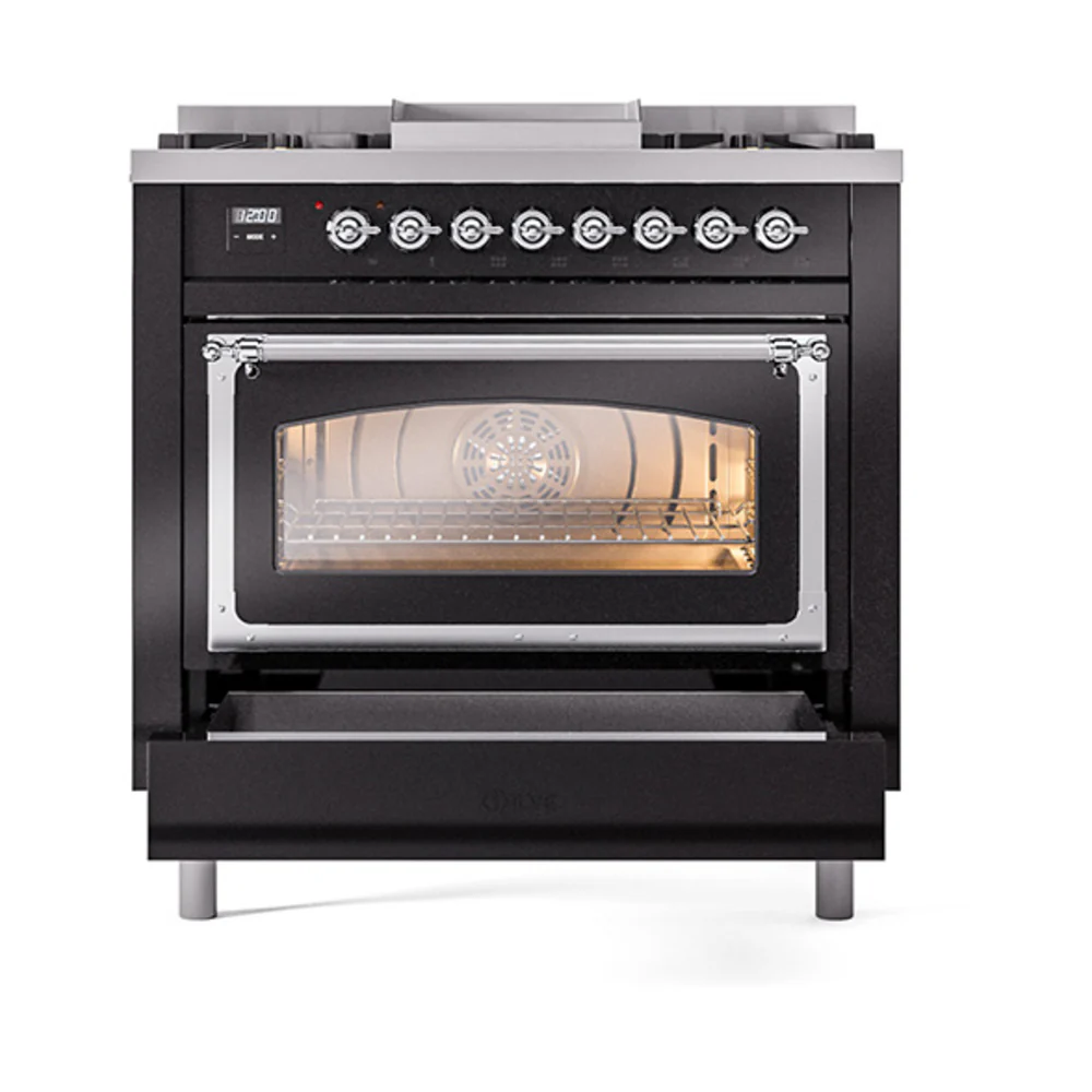 ILVE Nostalgie II Noblesse 36-Inch Natural Gas Dual Fuel Range and Triple Glass Door in Glossy Black with Chrome Trim (UN36FNMPBKC) - Image 7