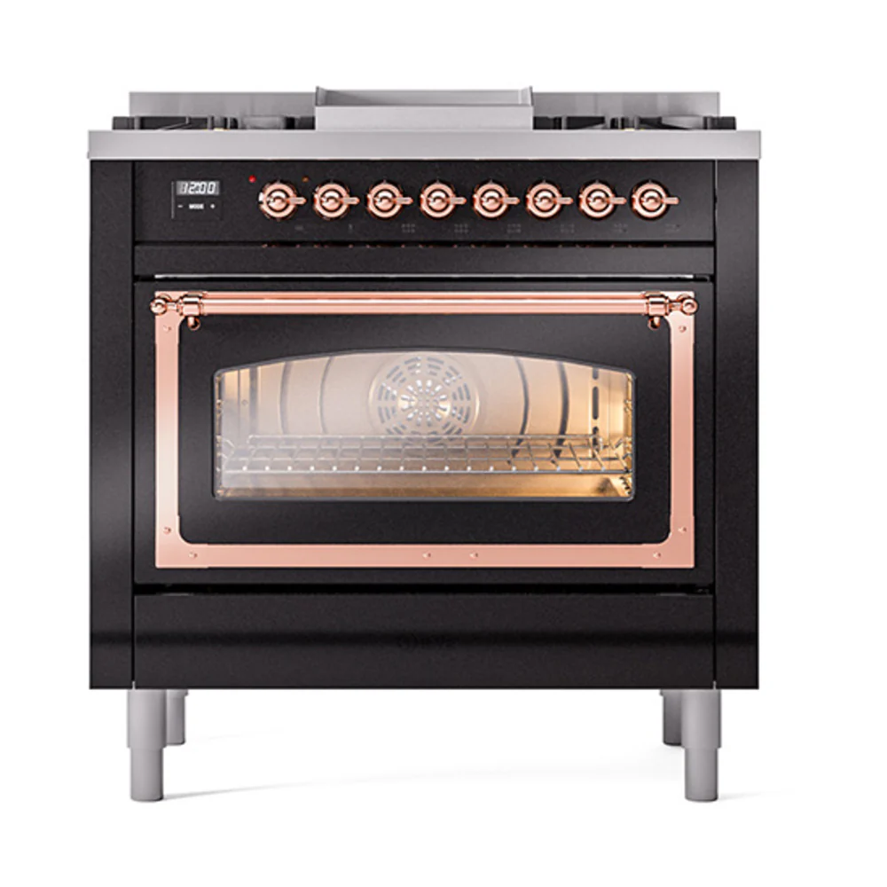 ILVE Nostalgie II Noblesse 36-Inch Natural Gas Dual Fuel Range and Triple Glass Door in Glossy Black with Copper Trim (UN36FNMPBKP) - Image 2
