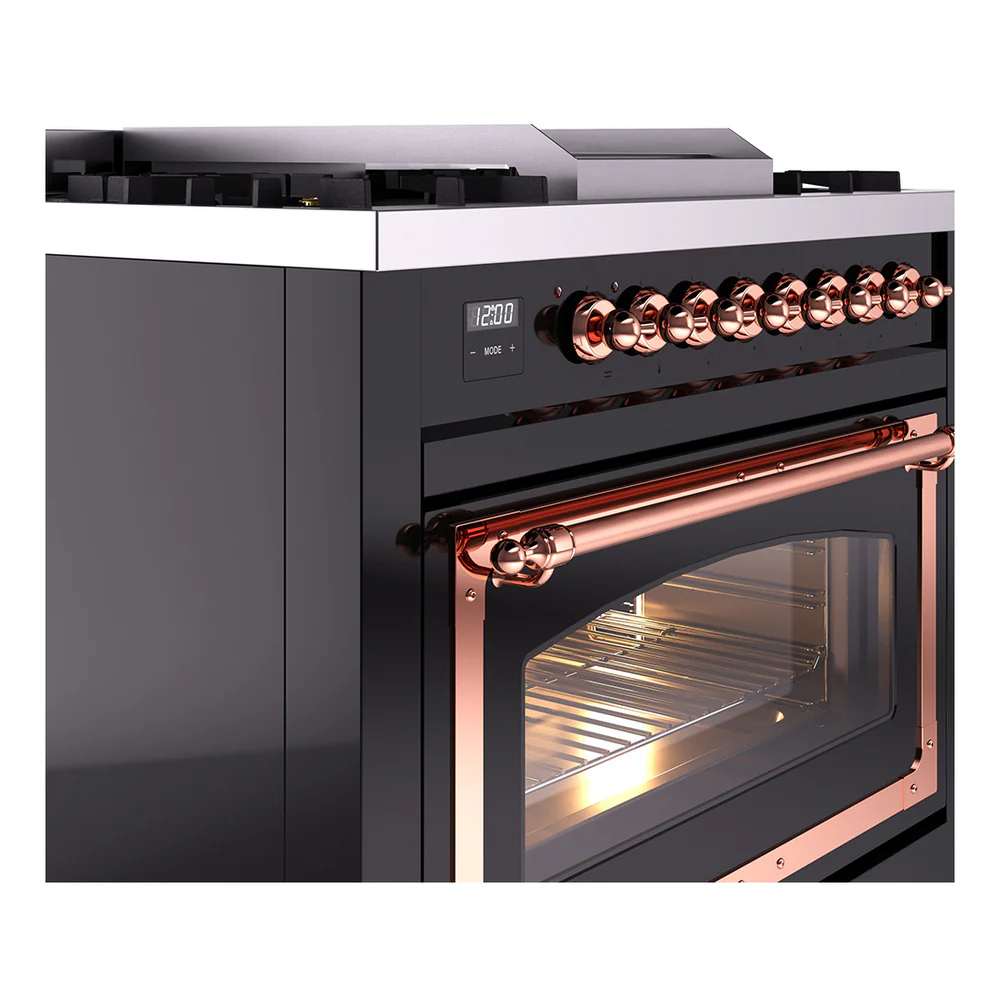 ILVE Nostalgie II Noblesse 36-Inch Natural Gas Dual Fuel Range and Triple Glass Door in Glossy Black with Copper Trim (UN36FNMPBKP) - Image 3