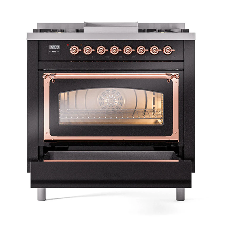 ILVE Nostalgie II Noblesse 36-Inch Natural Gas Dual Fuel Range and Triple Glass Door in Glossy Black with Copper Trim (UN36FNMPBKP) - Image 6