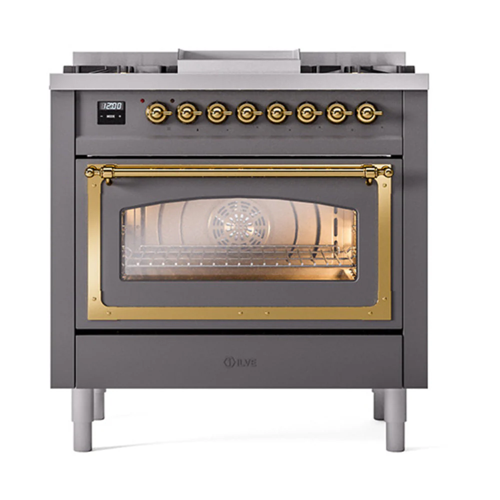 ILVE Nostalgie II Noblesse 36-Inch Natural Gas Dual Fuel Range and Triple Glass Door in Matte Graphite with Brass Trim (UN36FNMPMGG) - Image 2