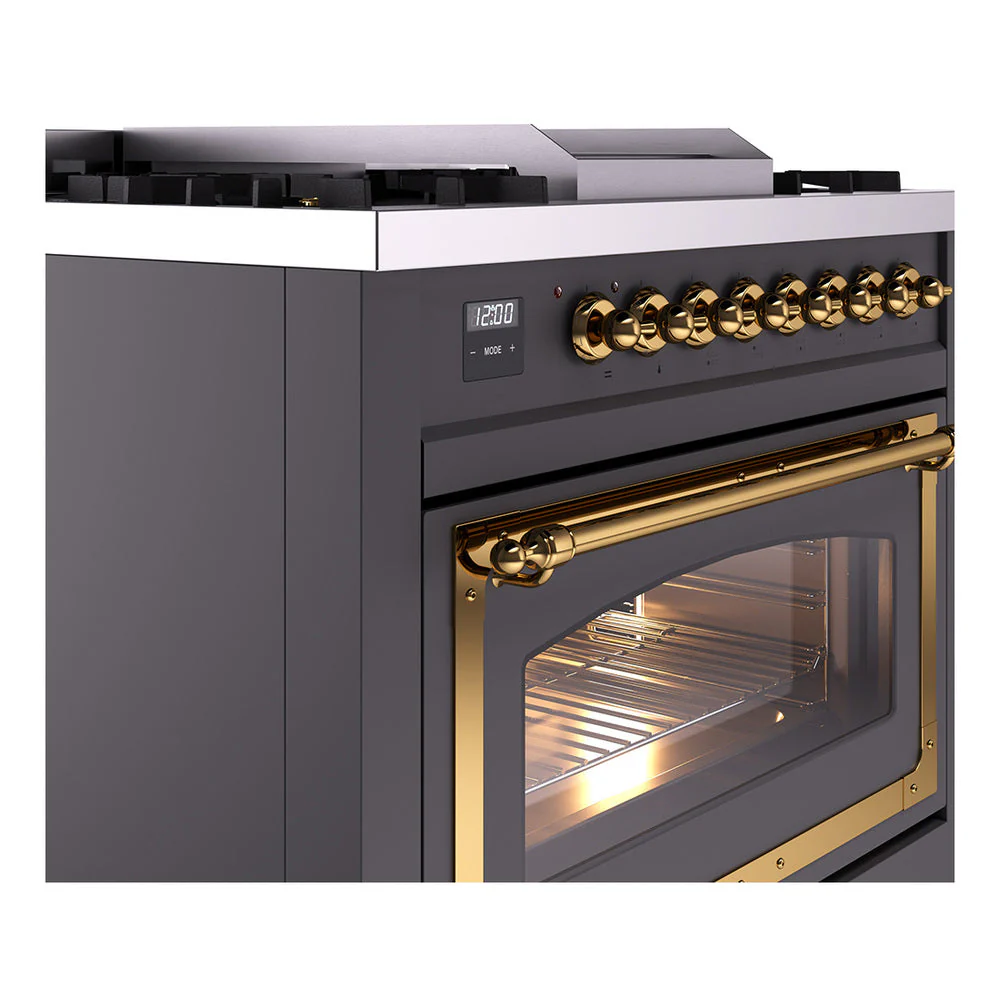 ILVE Nostalgie II Noblesse 36-Inch Natural Gas Dual Fuel Range and Triple Glass Door in Matte Graphite with Brass Trim (UN36FNMPMGG) - Image 3