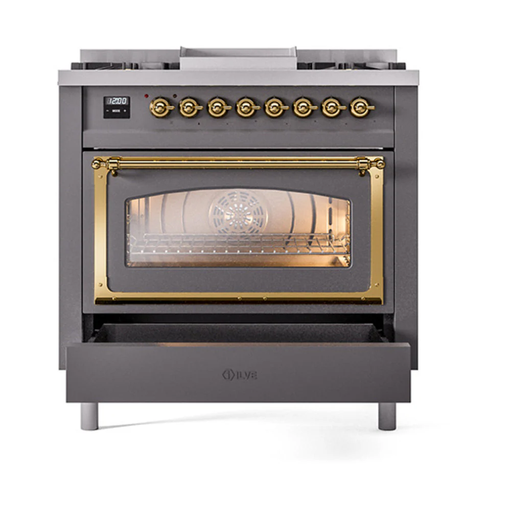 ILVE Nostalgie II Noblesse 36-Inch Natural Gas Dual Fuel Range and Triple Glass Door in Matte Graphite with Brass Trim (UN36FNMPMGG) - Image 6