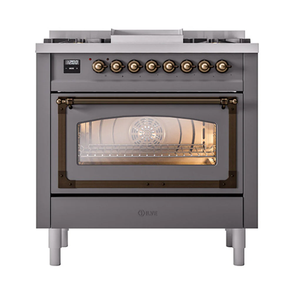 ILVE Nostalgie II Noblesse 36-Inch Natural Gas Dual Fuel Range and Triple Glass Door in Matte Graphite with Bronze Trim (UN36FNMPMGB) - Image 2