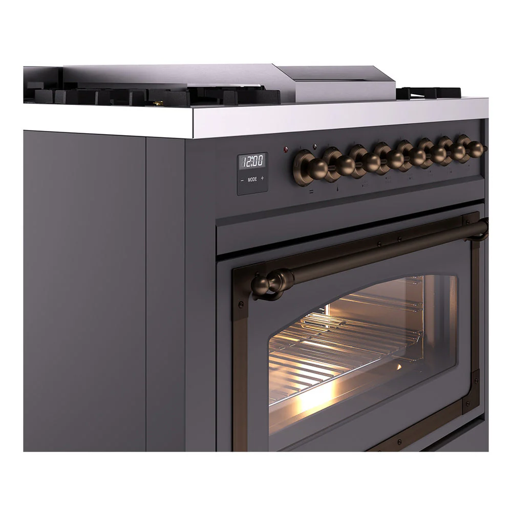 ILVE Nostalgie II Noblesse 36-Inch Natural Gas Dual Fuel Range and Triple Glass Door in Matte Graphite with Bronze Trim (UN36FNMPMGB) - Image 3