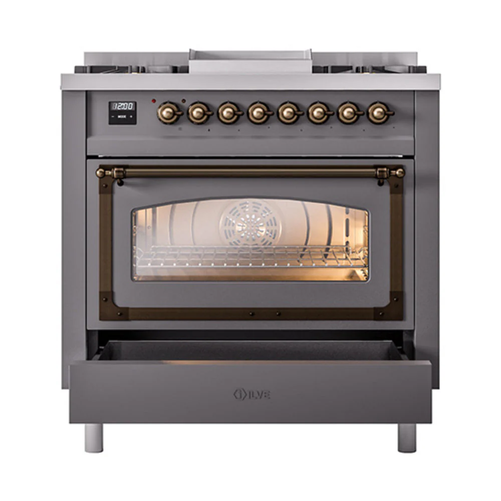 ILVE Nostalgie II Noblesse 36-Inch Natural Gas Dual Fuel Range and Triple Glass Door in Matte Graphite with Bronze Trim (UN36FNMPMGB) - Image 6