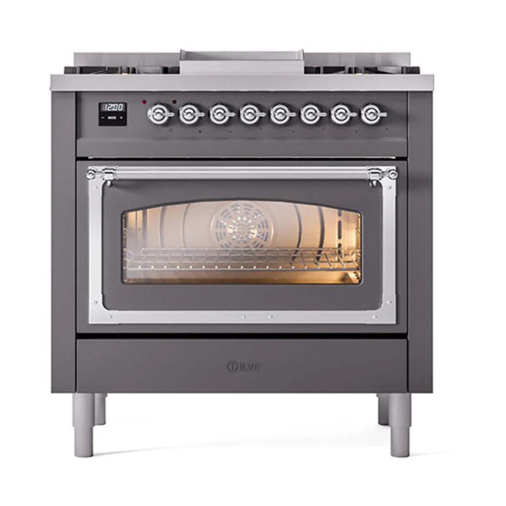 ILVE Nostalgie II Noblesse 36-Inch Natural Gas Dual Fuel Range and Triple Glass Door in Matte Graphite with Chrome Trim (UN36FNMPMGC) - Image 2
