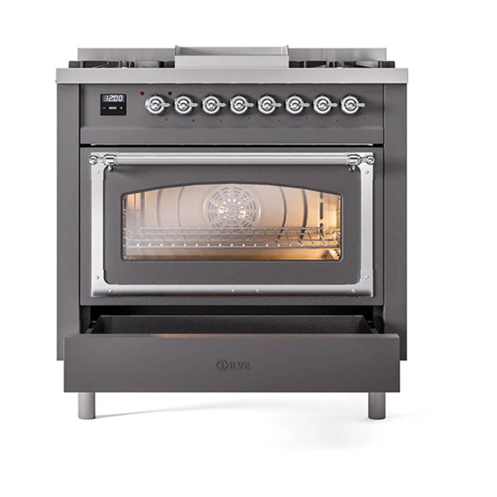 ILVE Nostalgie II Noblesse 36-Inch Natural Gas Dual Fuel Range and Triple Glass Door in Matte Graphite with Chrome Trim (UN36FNMPMGC) - Image 4
