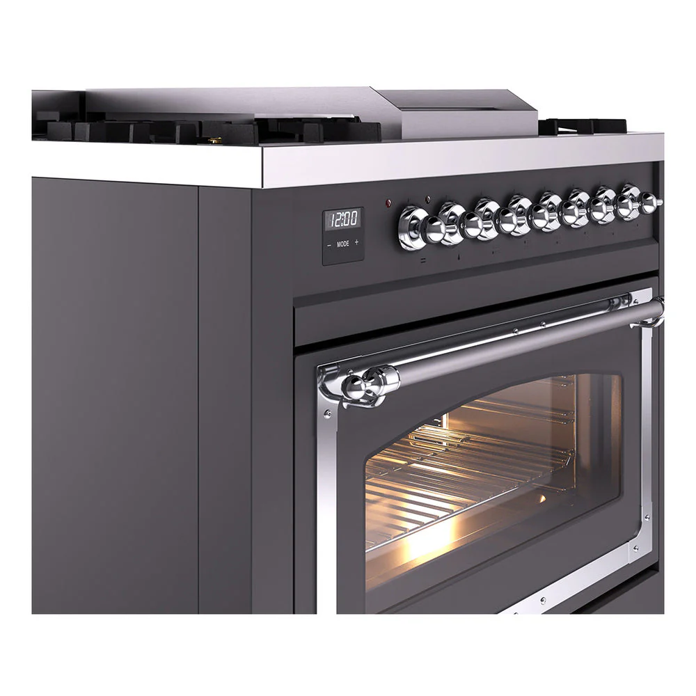 ILVE Nostalgie II Noblesse 36-Inch Natural Gas Dual Fuel Range and Triple Glass Door in Matte Graphite with Chrome Trim (UN36FNMPMGC) - Image 5