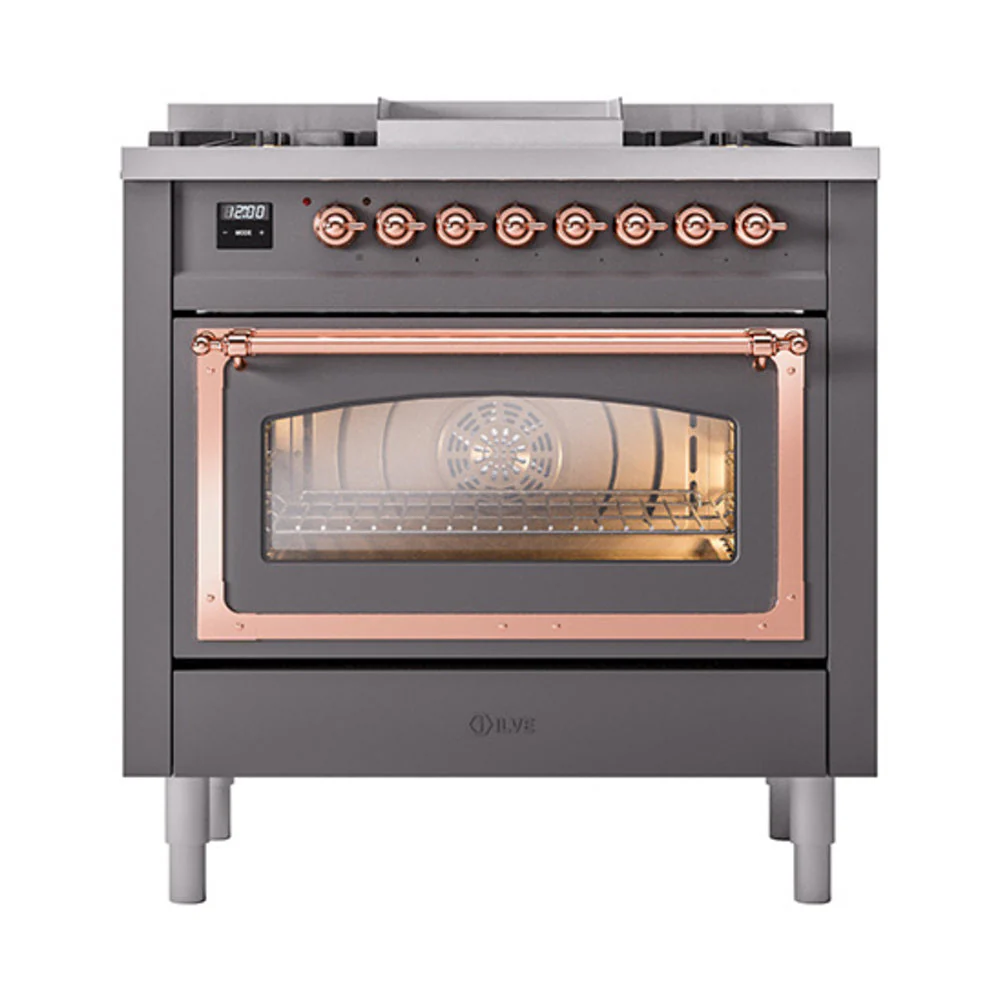 ILVE Nostalgie II Noblesse 36-Inch Natural Gas Dual Fuel Range and Triple Glass Door in Matte Graphite with Copper Trim (UN36FNMPMGP) - Image 2