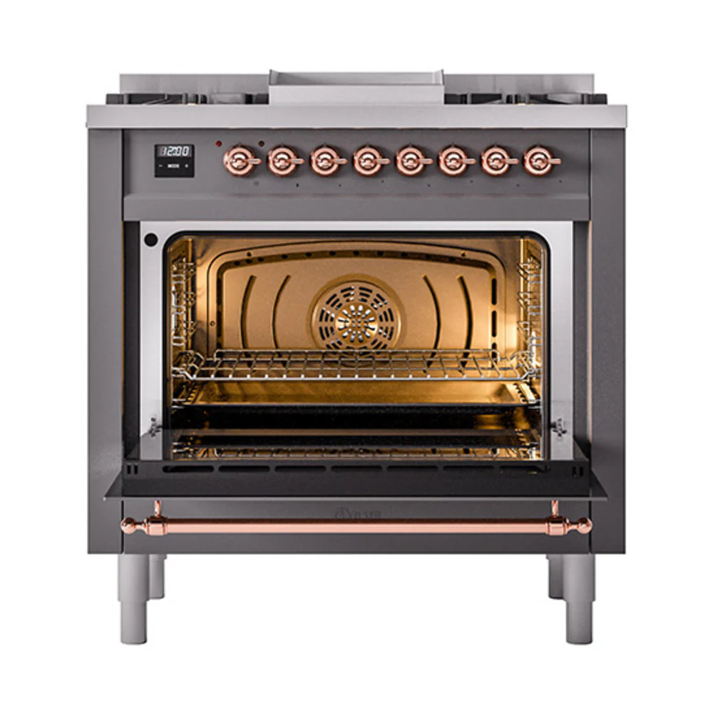 ILVE Nostalgie II Noblesse 36-Inch Natural Gas Dual Fuel Range and Triple Glass Door in Matte Graphite with Copper Trim (UN36FNMPMGP) - Image 5