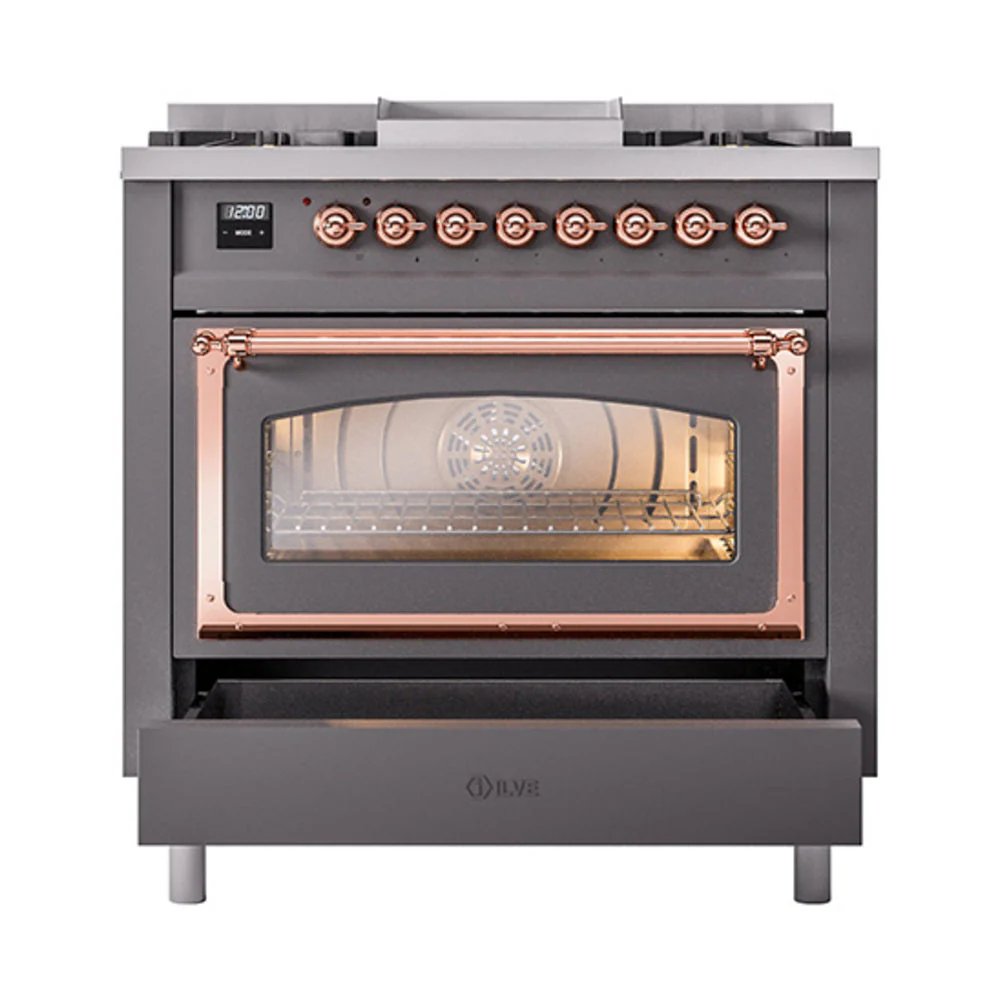 ILVE Nostalgie II Noblesse 36-Inch Natural Gas Dual Fuel Range and Triple Glass Door in Matte Graphite with Copper Trim (UN36FNMPMGP) - Image 6