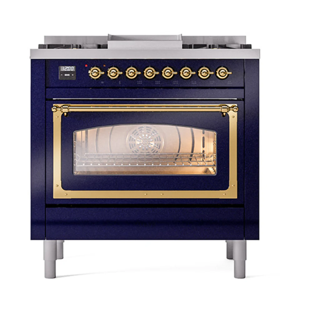 ILVE Nostalgie II Noblesse 36-Inch Natural Gas Dual Fuel Range and Triple Glass Door in Midnight Blue with Brass Trim (UN36FNMPMBG) - Image 2