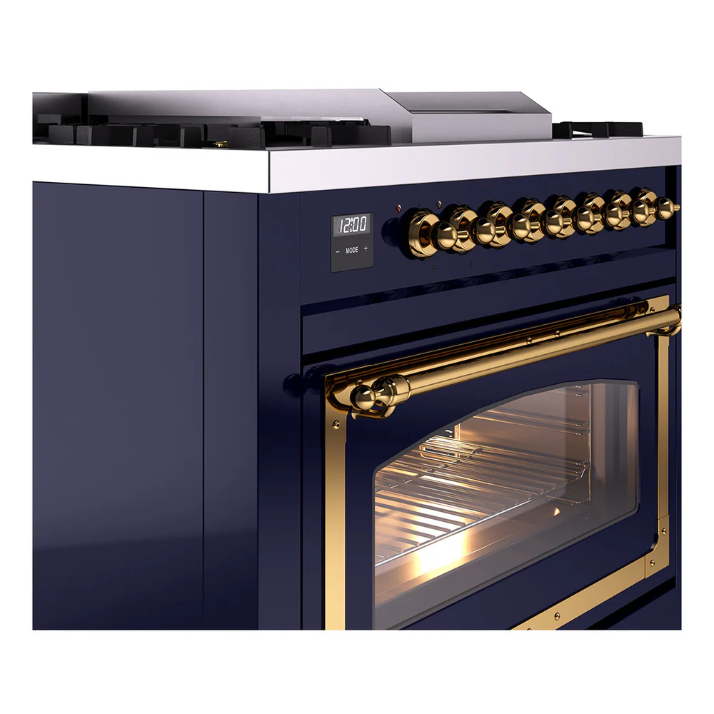 ILVE Nostalgie II Noblesse 36-Inch Natural Gas Dual Fuel Range and Triple Glass Door in Midnight Blue with Brass Trim (UN36FNMPMBG) - Image 3