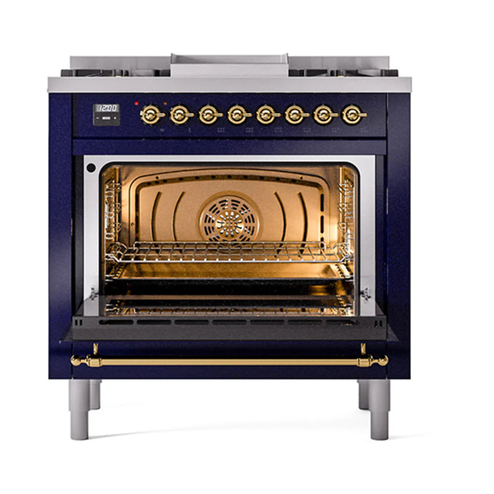 ILVE Nostalgie II Noblesse 36-Inch Natural Gas Dual Fuel Range and Triple Glass Door in Midnight Blue with Brass Trim (UN36FNMPMBG) - Image 5