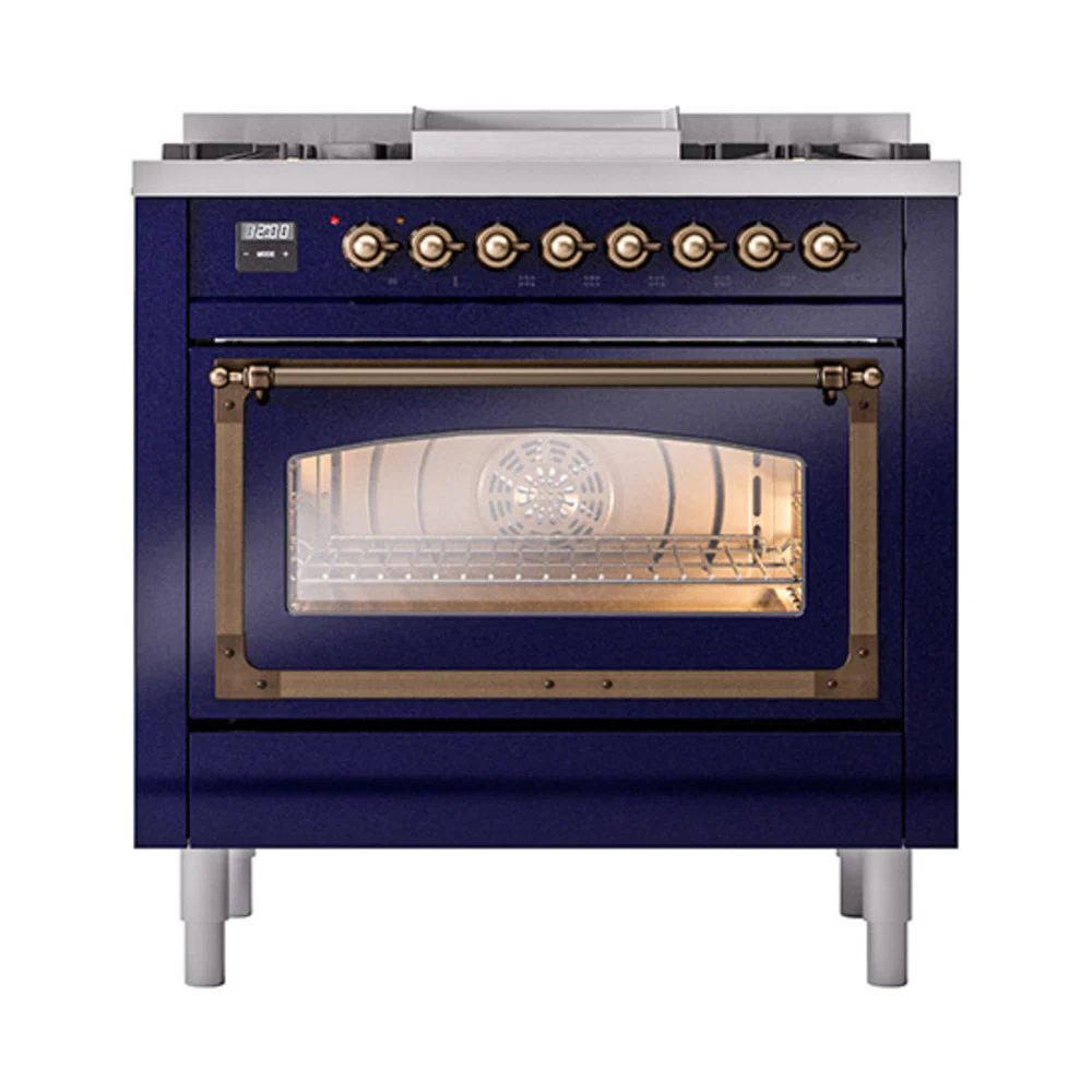 ILVE Nostalgie II Noblesse 36-Inch Natural Gas Dual Fuel Range and Triple Glass Door in Midnight Blue with Bronze Trim (UN36FNMPMBB) - Image 2