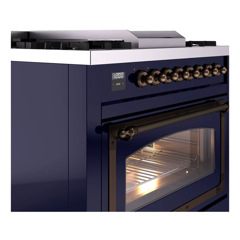 ILVE Nostalgie II Noblesse 36-Inch Natural Gas Dual Fuel Range and Triple Glass Door in Midnight Blue with Bronze Trim (UN36FNMPMBB) - Image 3