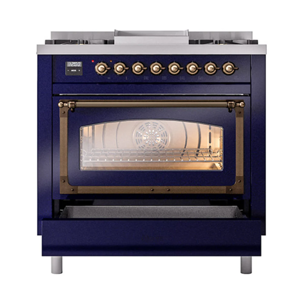 ILVE Nostalgie II Noblesse 36-Inch Natural Gas Dual Fuel Range and Triple Glass Door in Midnight Blue with Bronze Trim (UN36FNMPMBB) - Image 6