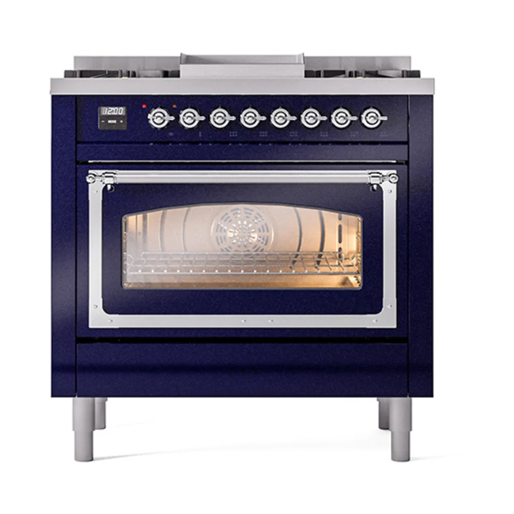 ILVE Nostalgie II Noblesse 36-Inch Natural Gas Dual Fuel Range and Triple Glass Door in Midnight Blue with Chrome Trim (UN36FNMPMBC) - Image 2