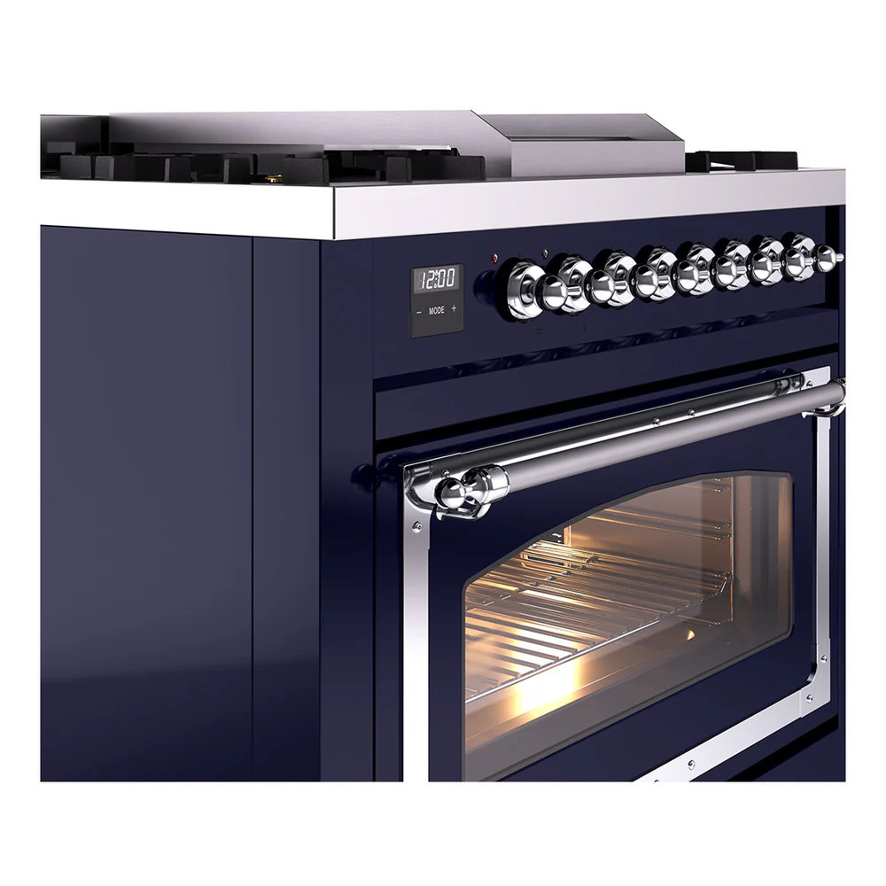 ILVE Nostalgie II Noblesse 36-Inch Natural Gas Dual Fuel Range and Triple Glass Door in Midnight Blue with Chrome Trim (UN36FNMPMBC) - Image 3