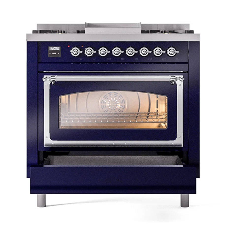 ILVE Nostalgie II Noblesse 36-Inch Natural Gas Dual Fuel Range and Triple Glass Door in Midnight Blue with Chrome Trim (UN36FNMPMBC) - Image 6