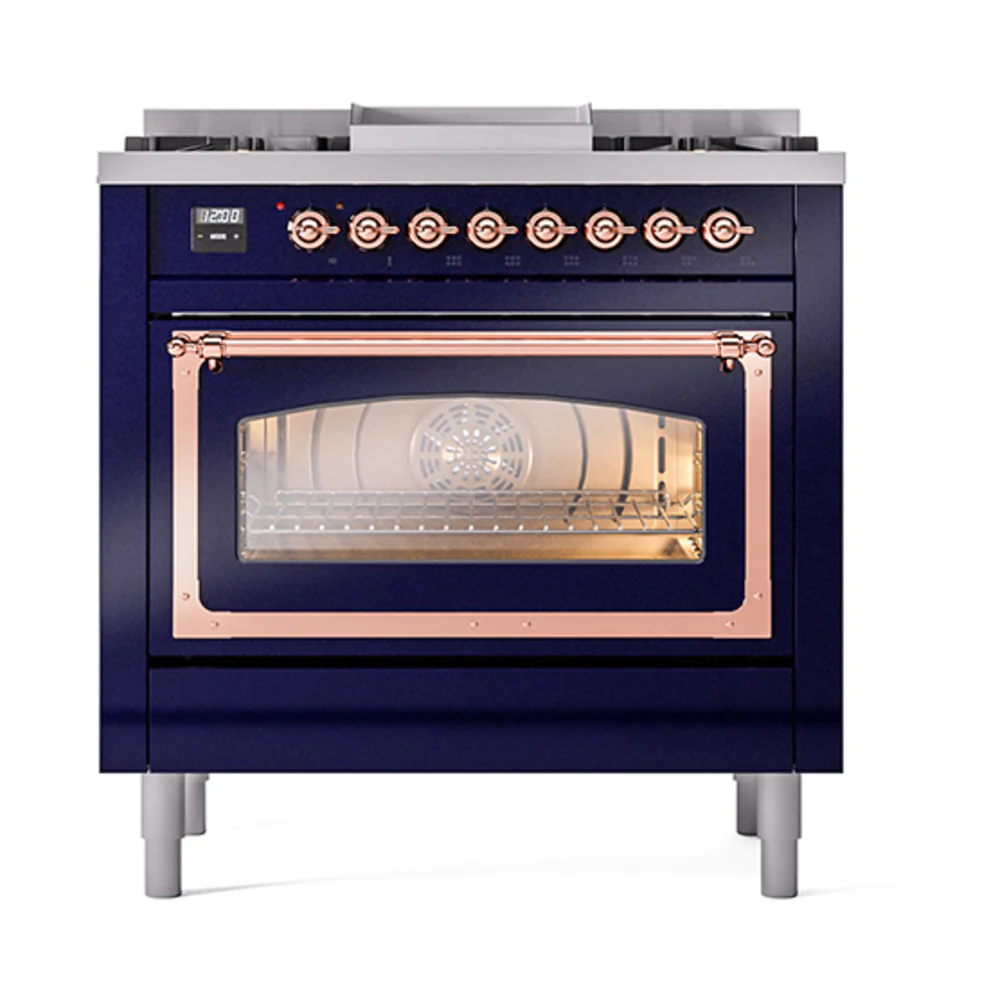 ILVE Nostalgie II Noblesse 36-Inch Natural Gas Dual Fuel Range and Triple Glass Door in Midnight Blue with Copper Trim (UN36FNMPMBP) - Image 2