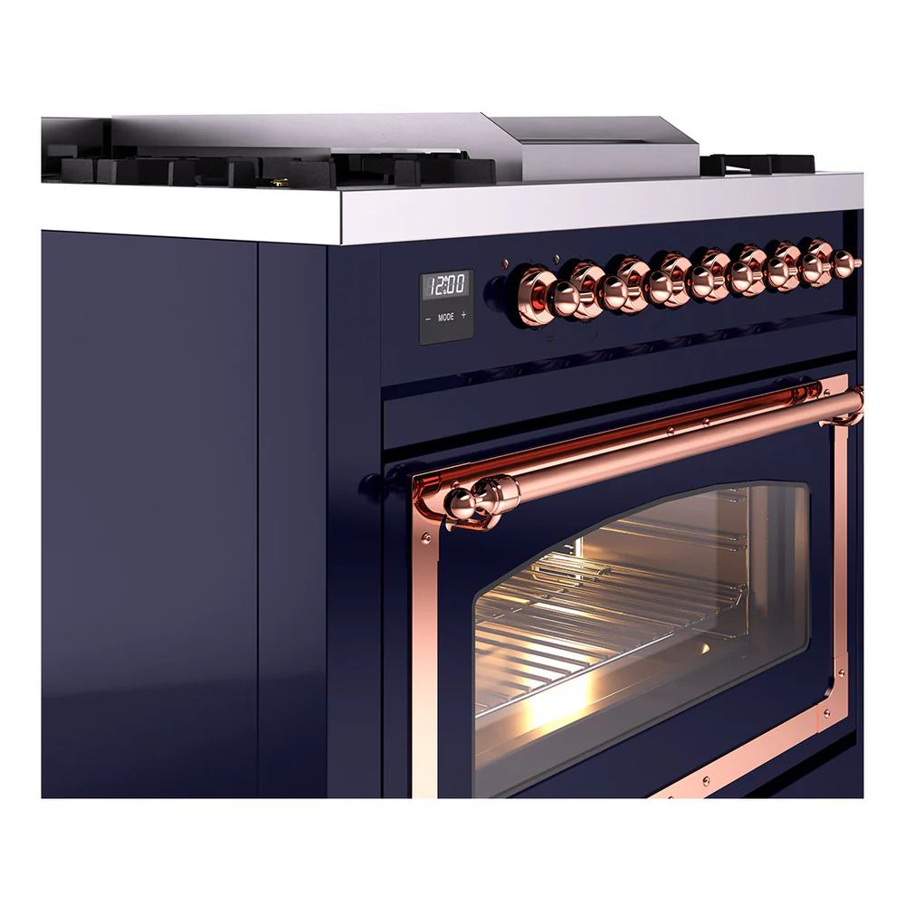 ILVE Nostalgie II Noblesse 36-Inch Natural Gas Dual Fuel Range and Triple Glass Door in Midnight Blue with Copper Trim (UN36FNMPMBP) - Image 3