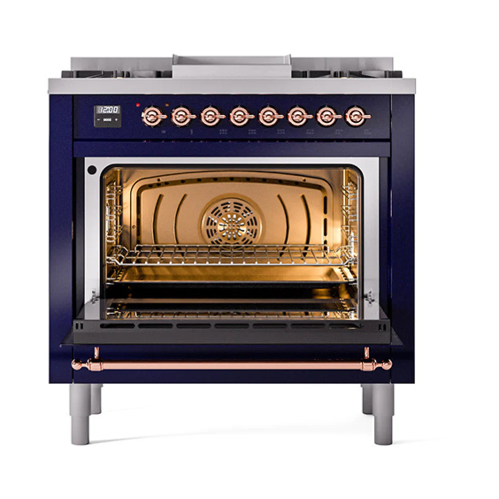 ILVE Nostalgie II Noblesse 36-Inch Natural Gas Dual Fuel Range and Triple Glass Door in Midnight Blue with Copper Trim (UN36FNMPMBP) - Image 5