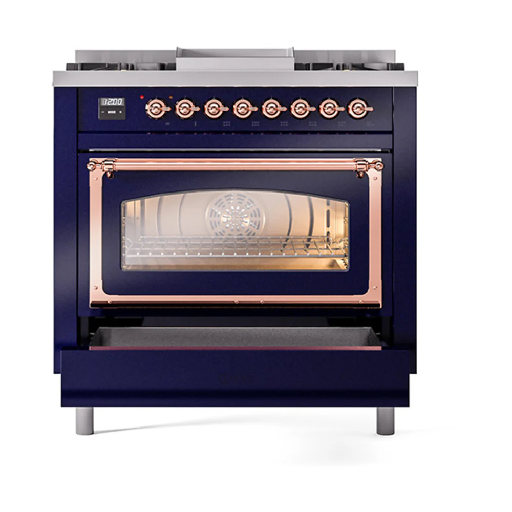 ILVE Nostalgie II Noblesse 36-Inch Natural Gas Dual Fuel Range and Triple Glass Door in Midnight Blue with Copper Trim (UN36FNMPMBP) - Image 6