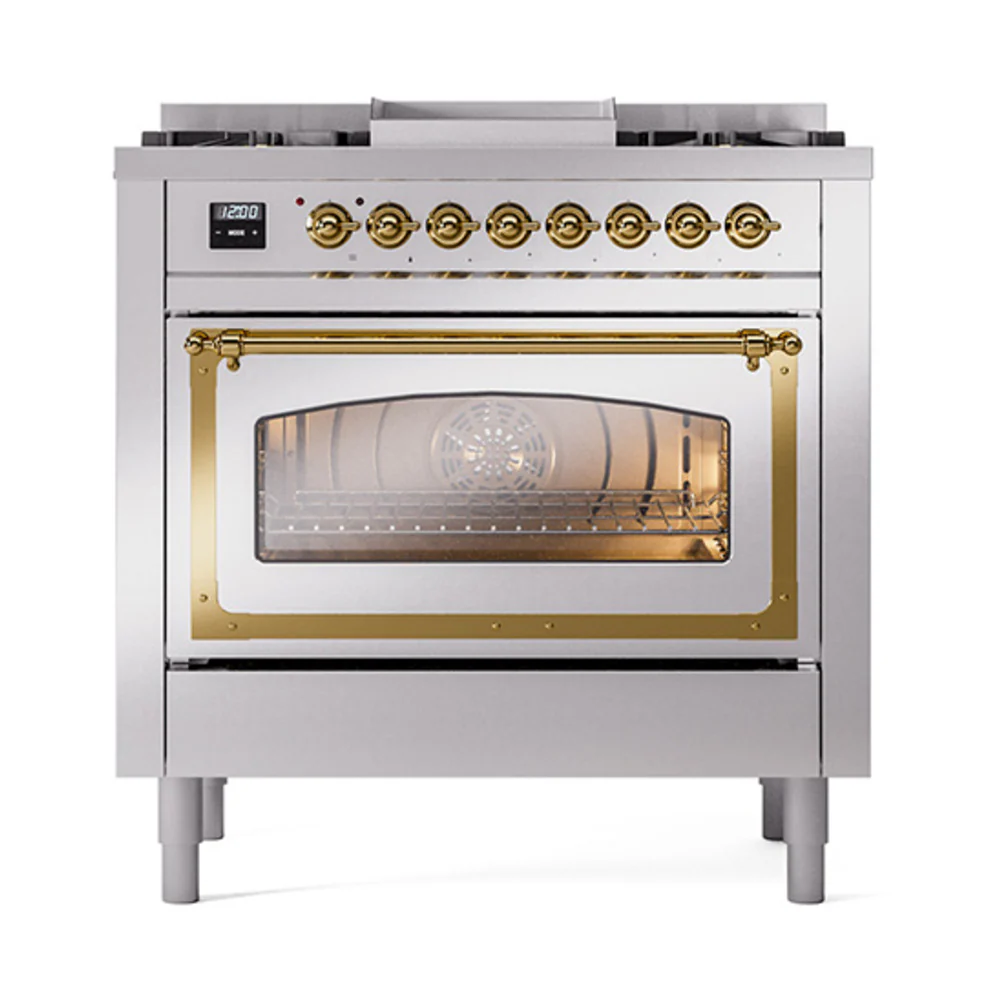 ILVE Nostalgie II Noblesse 36-Inch Natural Gas Dual Fuel Range and Triple Glass Door in Stainless Steel with Brass Trim (UN36FNMPSSG) - Image 2