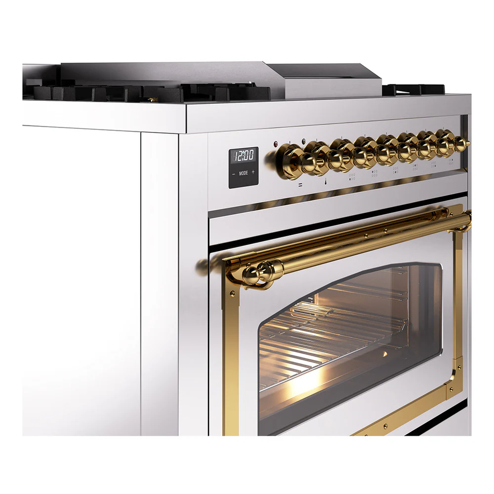 ILVE Nostalgie II Noblesse 36-Inch Natural Gas Dual Fuel Range and Triple Glass Door in Stainless Steel with Brass Trim (UN36FNMPSSG) - Image 3