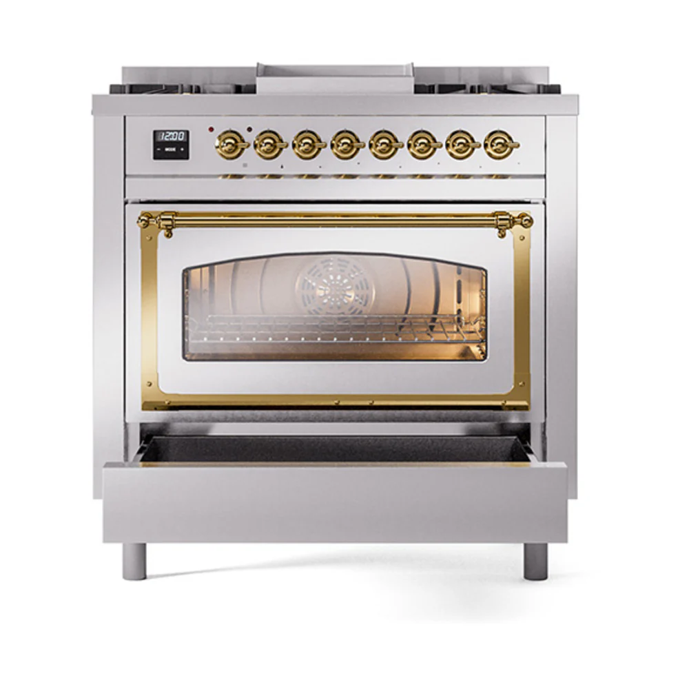 ILVE Nostalgie II Noblesse 36-Inch Natural Gas Dual Fuel Range and Triple Glass Door in Stainless Steel with Brass Trim (UN36FNMPSSG) - Image 6