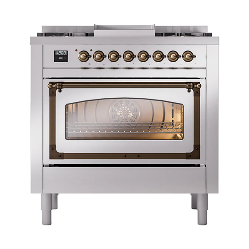 ILVE Nostalgie II Noblesse 36-Inch Natural Gas Dual Fuel Range and Triple Glass Door in Stainless Steel with Bronze Trim (UN36FNMPSSB) - Image 2