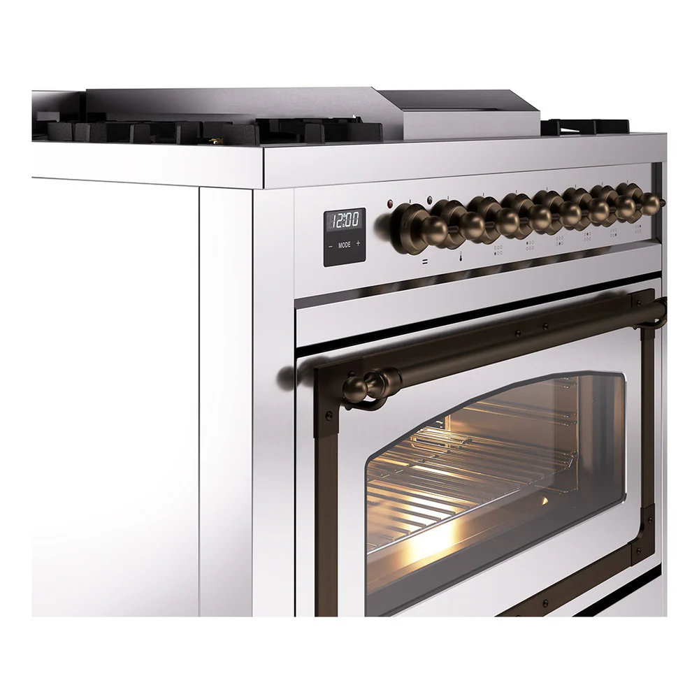 ILVE Nostalgie II Noblesse 36-Inch Natural Gas Dual Fuel Range and Triple Glass Door in Stainless Steel with Bronze Trim (UN36FNMPSSB) - Image 3
