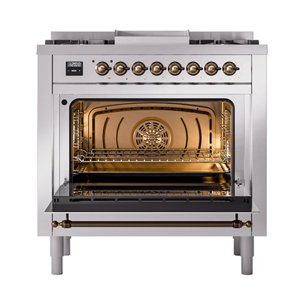 ILVE Nostalgie II Noblesse 36-Inch Natural Gas Dual Fuel Range and Triple Glass Door in Stainless Steel with Bronze Trim (UN36FNMPSSB) - Image 5