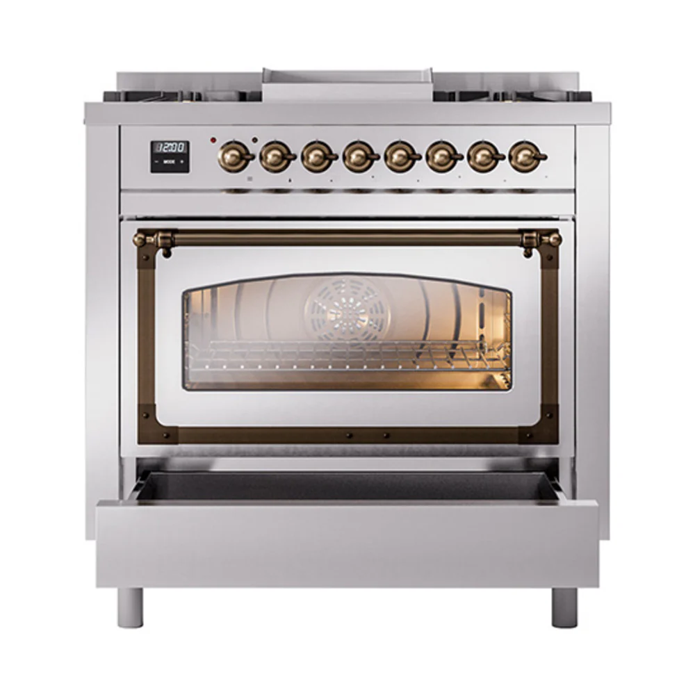 ILVE Nostalgie II Noblesse 36-Inch Natural Gas Dual Fuel Range and Triple Glass Door in Stainless Steel with Bronze Trim (UN36FNMPSSB) - Image 6