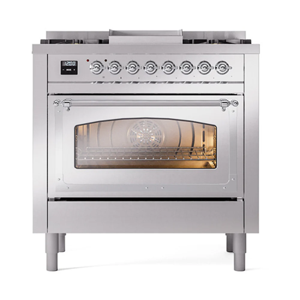 ILVE Nostalgie II Noblesse 36-Inch Natural Gas Dual Fuel Range and Triple Glass Door in Stainless Steel with Chrome Trim (UN36FNMPSSC) - Image 2