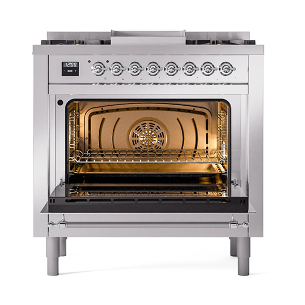 ILVE Nostalgie II Noblesse 36-Inch Natural Gas Dual Fuel Range and Triple Glass Door in Stainless Steel with Chrome Trim (UN36FNMPSSC) - Image 5