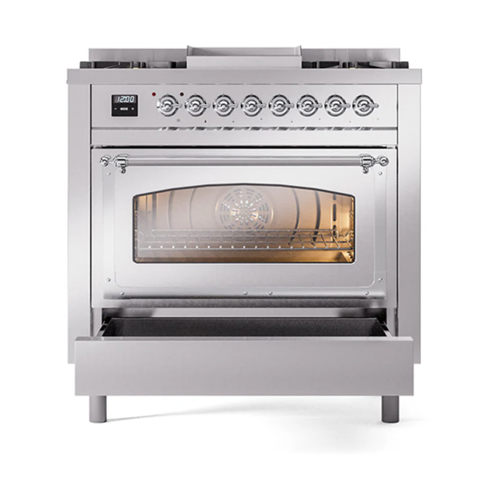 ILVE Nostalgie II Noblesse 36-Inch Natural Gas Dual Fuel Range and Triple Glass Door in Stainless Steel with Chrome Trim (UN36FNMPSSC) - Image 6