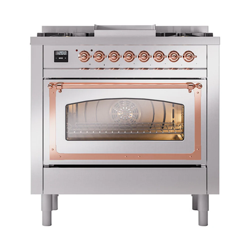 ILVE Nostalgie II Noblesse 36-Inch Natural Gas Dual Fuel Range and Triple Glass Door in Stainless Steel with Copper Trim (UN36FNMPSSP) - Image 2